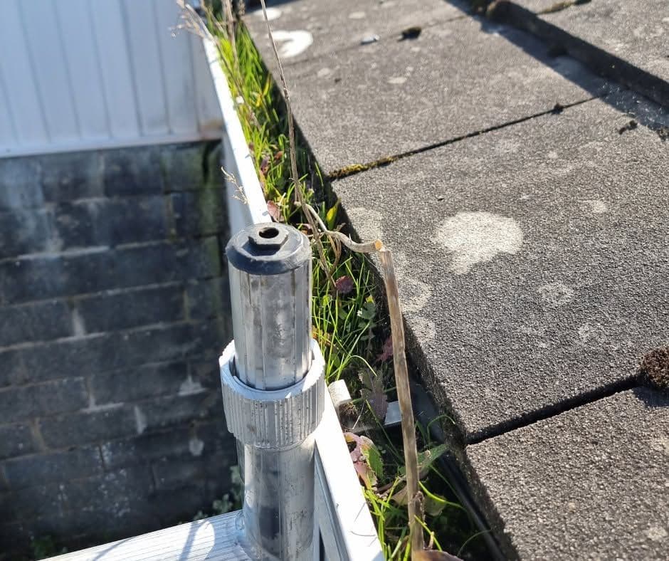 A roof gutter filled with grass and weeds growing out of the debris, beside a downpipe
