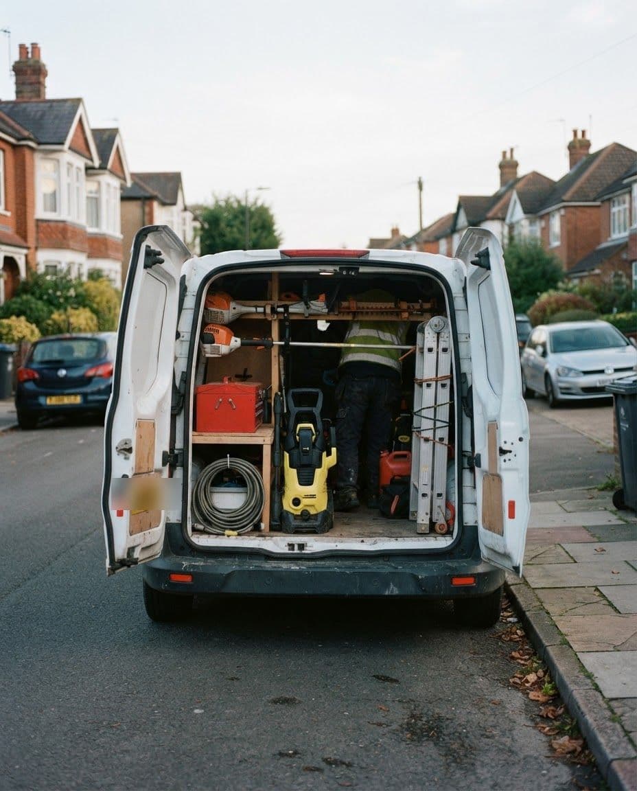 The open back of a work van loaded with a pressure washer, ladder, strimmer and toolboxes